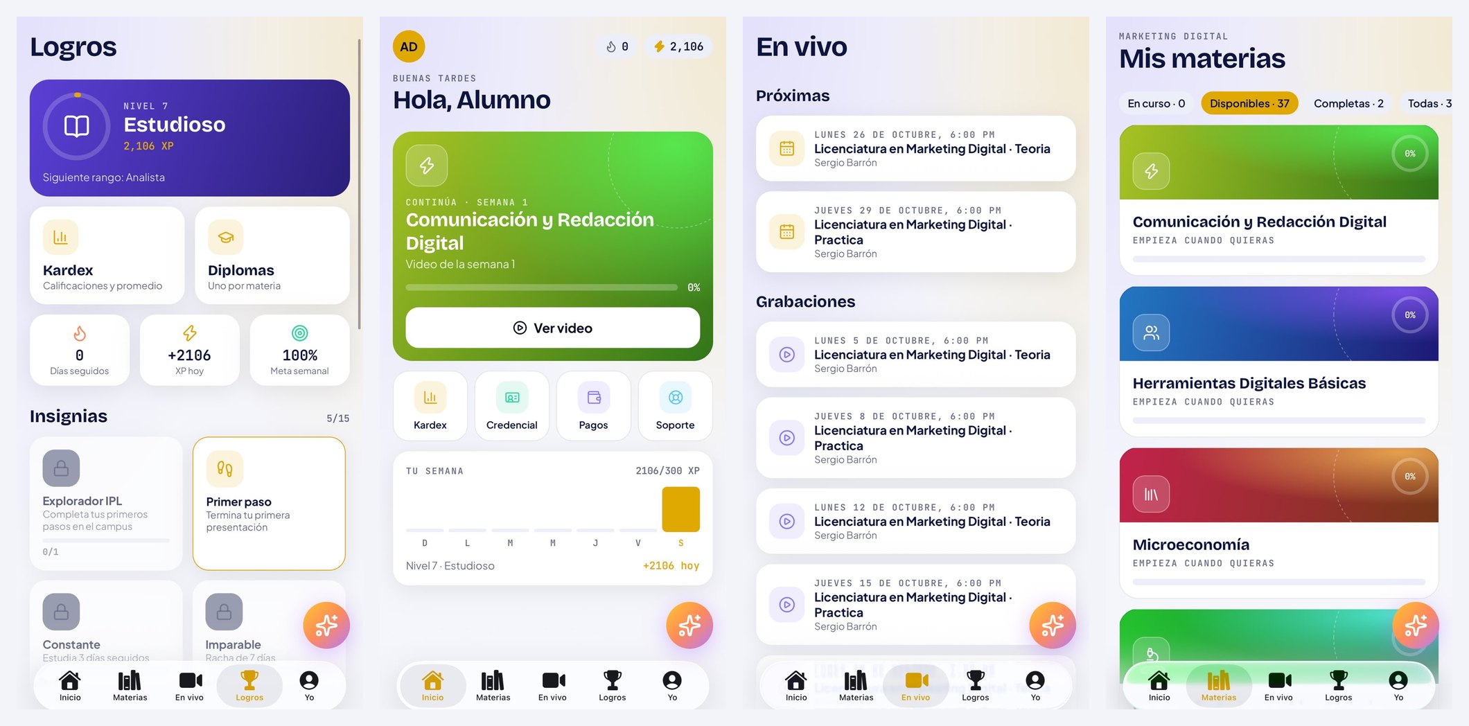 Pantallas de la app IPL Campus: logros, inicio, clases en vivo y materias